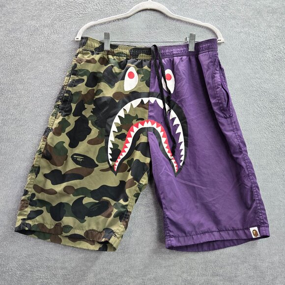 A Bathing Ape Men Shorts XL Purple Camouflage Polyester Shark Face READ‎ - Picture 1 of 12